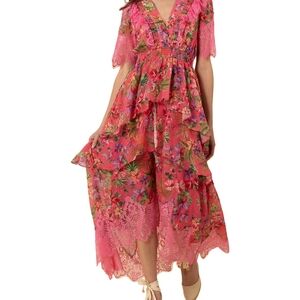 Hale Bob Pink Floral High-Low Chiffon Dress